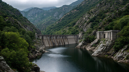 Massive Concrete Dam Nestled in Rugged Mountain Landscape with Flowing Water and Scenic Wilderness Views