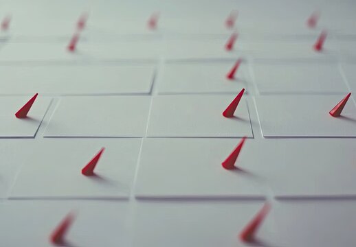 Grid of blank business cards with small red triangular markers