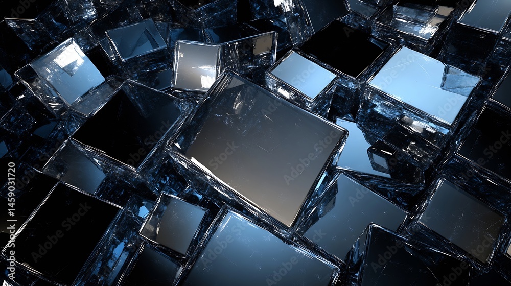 Leinwandbilder abstract composition of dark blue and black glass cubes, reflecting light and shadow, creating a thr