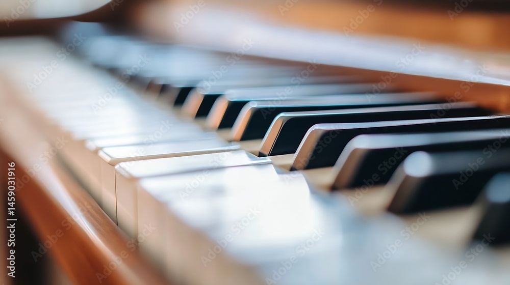 Fototapete close-up view of a piano keyboard, showcasing the ivory white and black keys, with a shallow depth o