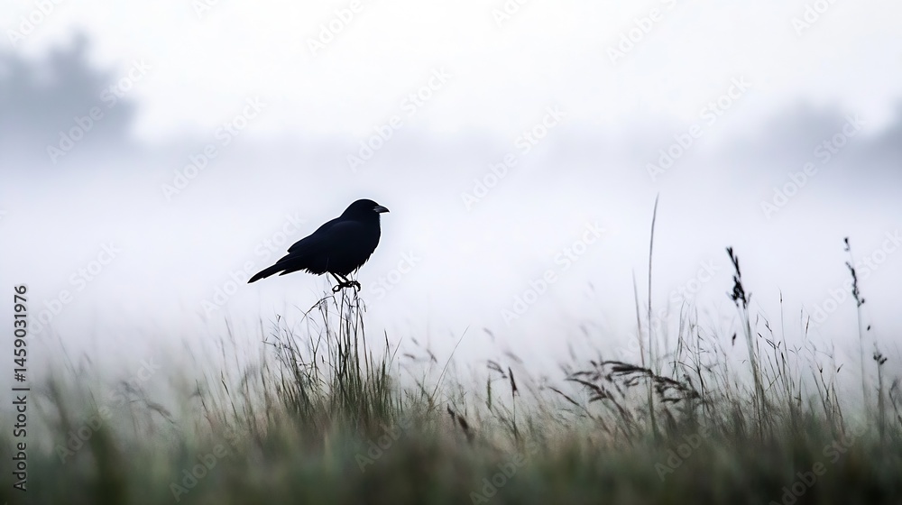 Poster Silhouette of a crow perched atop tall grass in a misty, foggy field at dawn, creating a serene and mysterious atmosphere. : Generative AI