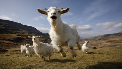 Obraz premium A playful white goat leaps joyfully in a scenic mountainous landscape, other goats graze peacefully in the background under a bright, sunny sky.