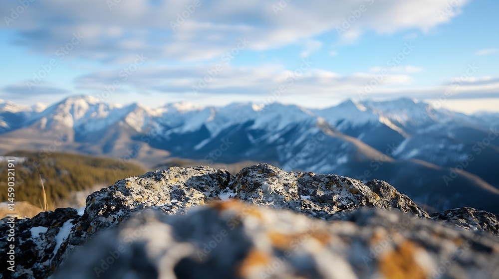 Aufkleber close-up view of a rugged rock formation, snow dusting its surface, with a background of a majestic,