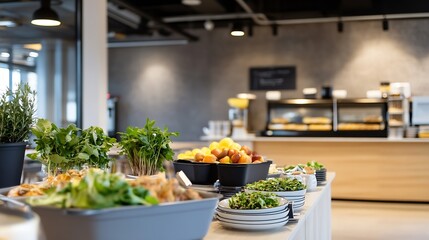 A buffet table in a modern office kitchen displays fresh herbs, salad, apples, and lemons, showcasing a healthy and inviting workspace. : Generative AI