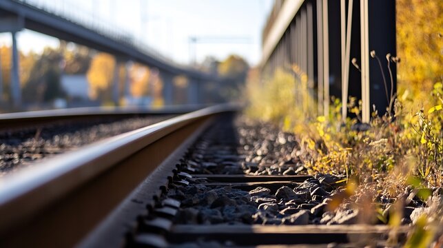 Close-up view of railway tracks extending towards a blurred highway overpass, autumnal foliage visible in the background, sunlit scene. : Generative AI - Powered by Adobe