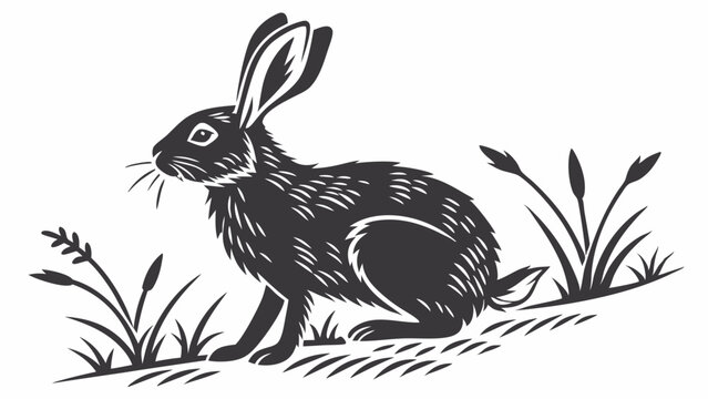 rabbit in the grass vecter ,Vector art of a black hare is sitting in the grass isolated on white background, a vintage style drawing of a wild animal in its natural habitat