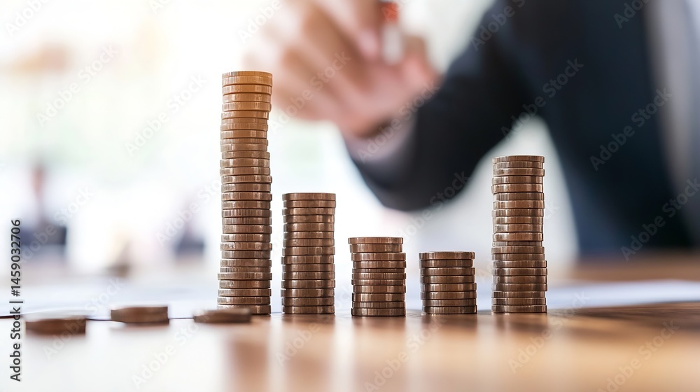 Leinwandbilder Stacks of coins decreasing in height represent declining financial growth, a businessman in the blurry background seems to be analyzing the situation. : Generative AI
