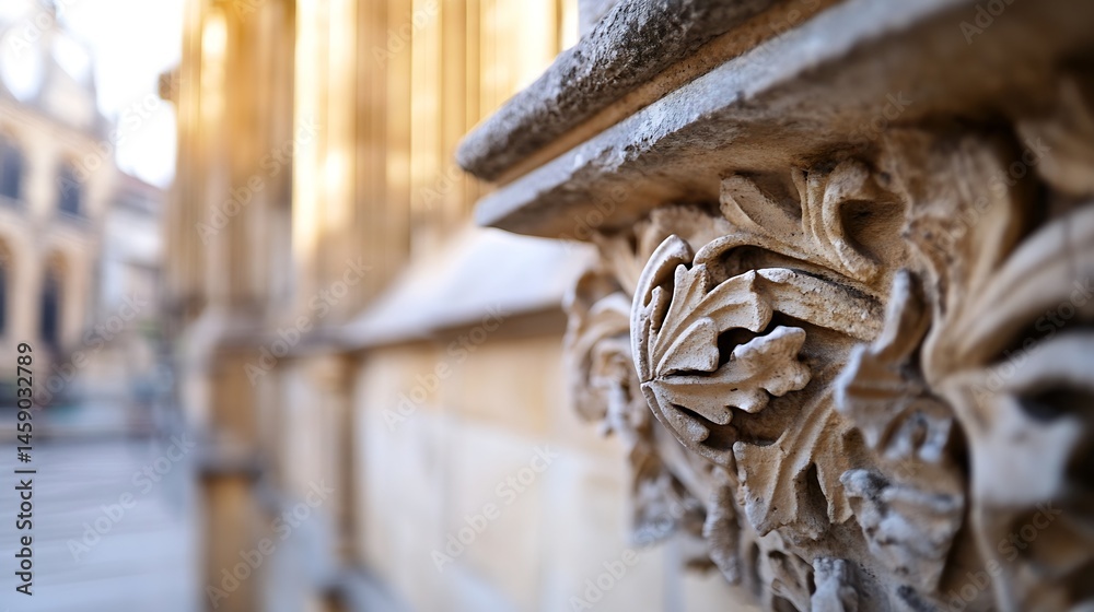 Poster close-up of intricate stone carving, showcasing leaf-like patterns and architectural details on an a