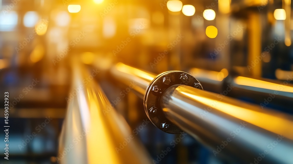 Aufkleber close-up view of gleaming metallic pipes connected by a flange, set against a blurred industrial bac