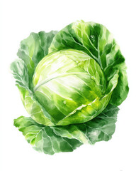 Obraz premium A vibrant watercolor painting of a fresh, green cabbage, showcasing its tightly packed leaves and pale inner layers, isolated on a white background.