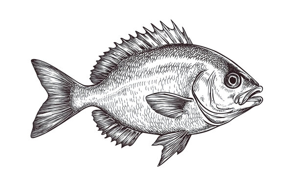 Fish sketch dorado gilt-head bream. Vintage retro print, black white gilt-head bream fish sketch ink pencil style drawing, linear drawing, engrave old school. Sketch artwork dorado fish. Illustration