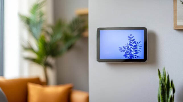 Smart thermostat with temperature control on the wall in a home setting