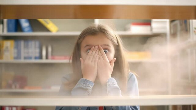 Rhinitis and Dust Concept,Surprised girl with wide eyes misty library, surrounded by books, evokes childhood emotions and wonder.