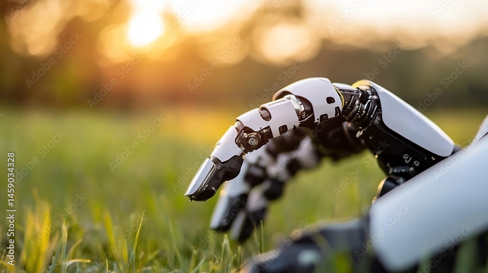 Poster close-up of robotic arms interacting with grass in a sunlit field, showcasing advanced technology an