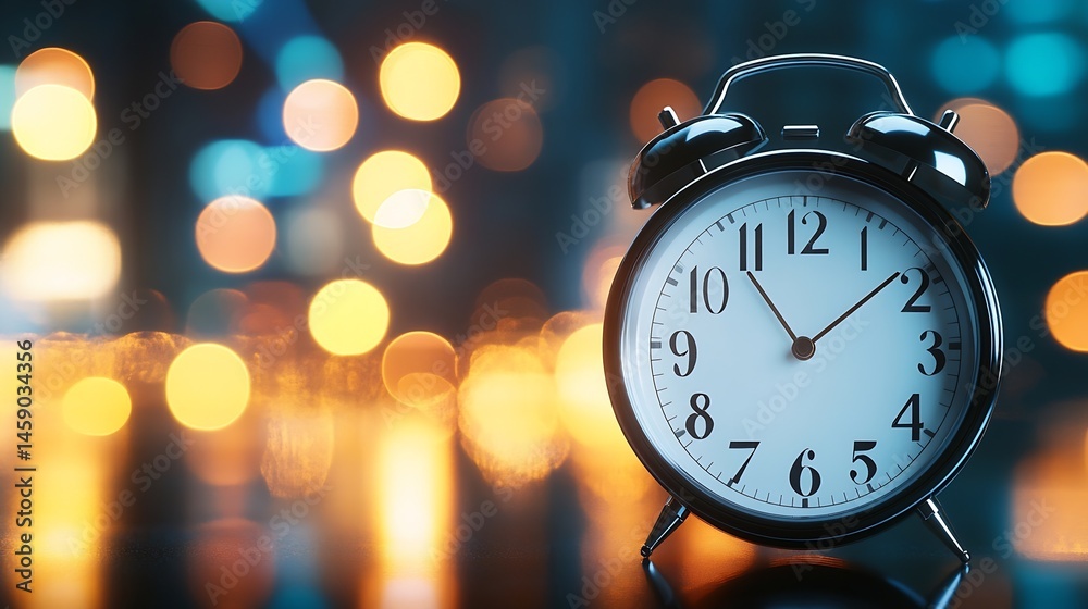 Poster classic black alarm clock on a reflective surface, with a blurred background of warm and cool bokeh 