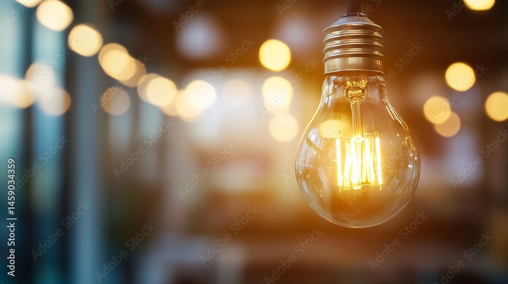 Fototapete a glowing edison bulb hangs brightly, illuminating a blurred background of warm, inviting cafe light