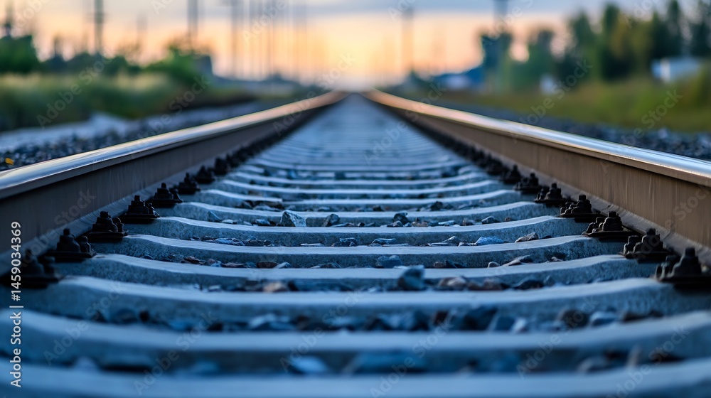 Aufkleber Close-up view of railway tracks extending towards a blurred sunset horizon, showcasing the detailed texture of the sleepers and rails. : Generative AI