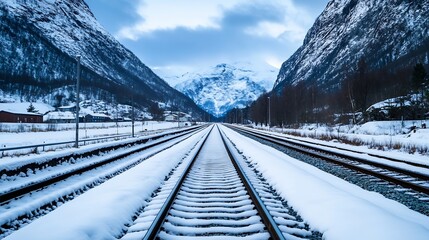 Fototapeta premium Snow-covered train tracks vanish into a stunning Norwegian fjord valley, framed by majestic snow-capped mountains under a dramatic winter sky. : Generative AI