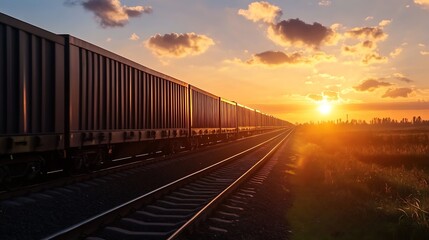 Fototapeta premium Freight train cars at sunset, long railway line stretching towards a vibrant golden sun, landscape with tall grass and trees silhouetted against the warm sky. : Generative AI