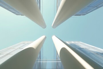 Obraz premium Tall, round pillars supporting a modern skyscraper, abstract modern architecture, business finance hotel building