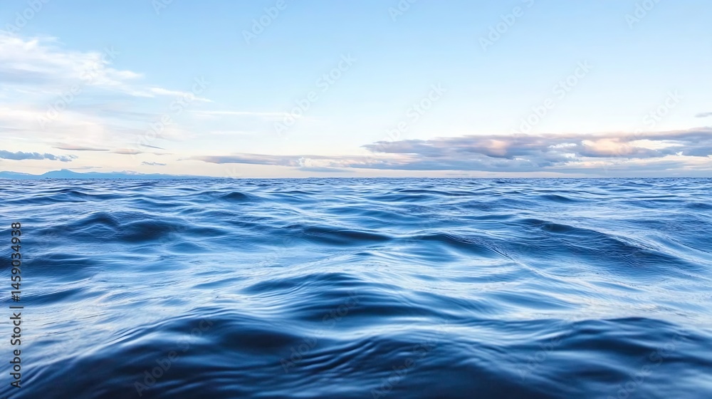 Aufkleber serene ocean surface with gentle waves under a tranquil blue sky, distant mountains barely visible o