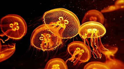 Fiery orange jellyfish gracefully drift in a dark, underwater environment, their translucent bodies illuminated with vibrant, glowing light.