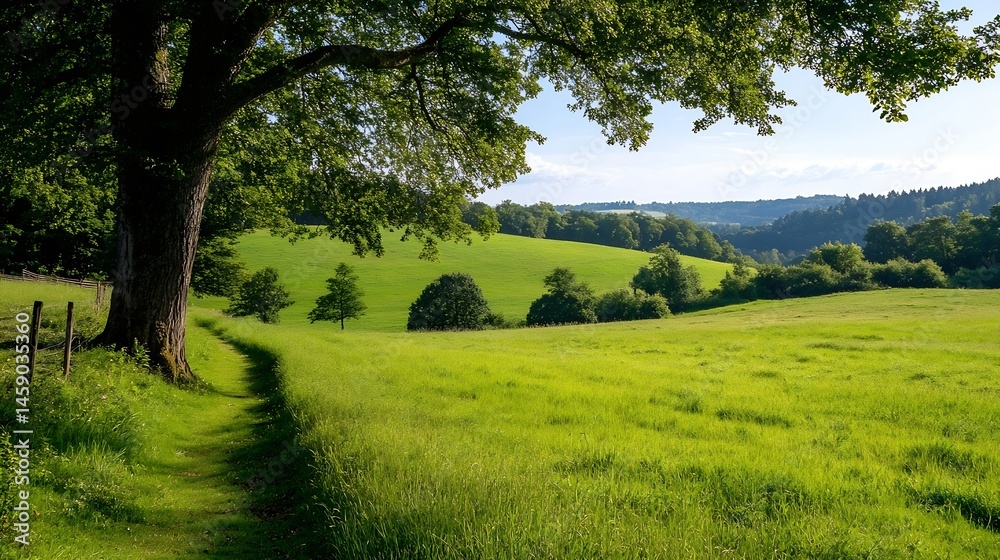 Poster serene summer landscape: a grassy path winds through a verdant meadow, under the shade of a large tr