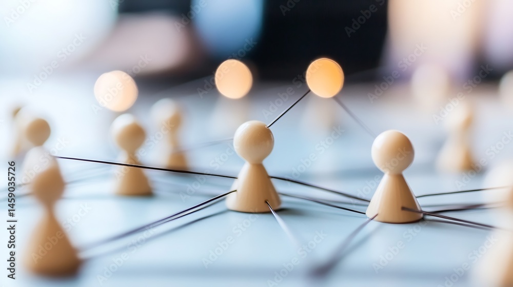 Poster interconnected beige pawns forming a network, symbolizing collaboration, communication, and global c