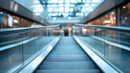 Obraz premium Modern escalator in a bright shopping mall, showcasing sleek metallic rails and glass panels, leading upwards towards a blurred background of shops and lights. : Generative AI