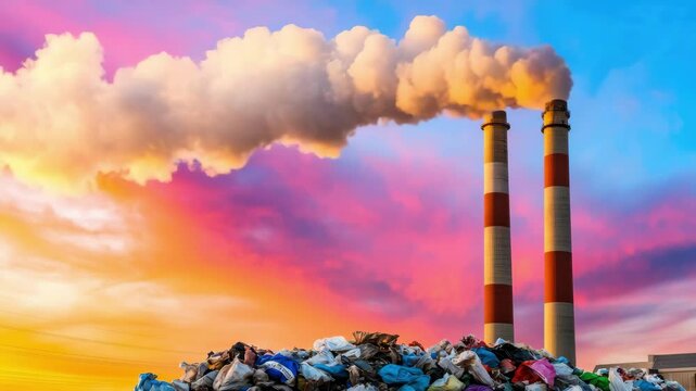 Pollution smoke from factory chimneys over garbage and waste pile at colorful sunset sky