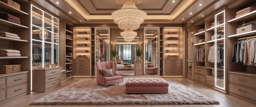 Luxurious walkin closet featuring stunning chandelier and elegant design elements