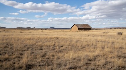 Lone rustic barn stands in a vast, dry, golden grassland under a partly cloudy blue sky, showcasing a serene, remote landscape. : Generative AI