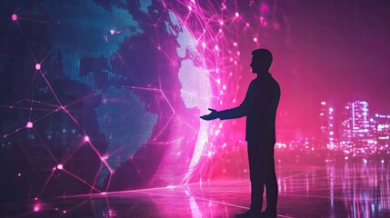 Global Connectivity: A man's silhouette amidst the digital age with city backdrop