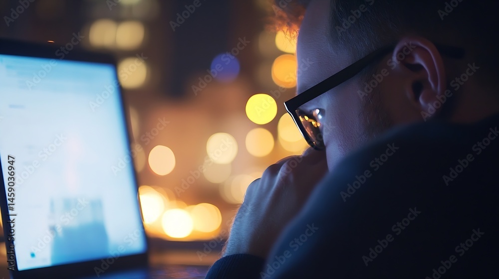 Poster focused man working late on laptop, illuminated by city lights at night. he appears deep in thought,