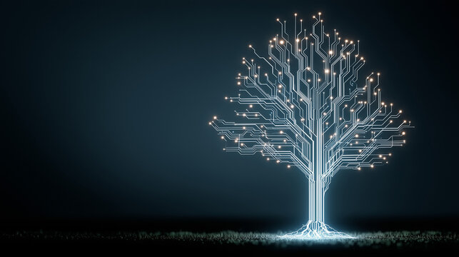 Technology Tree Composed Of Glowing Circuit Lines On Dark Ground
