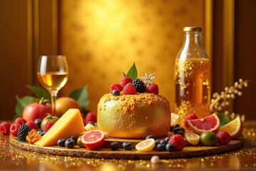 Fruitful Family Gathering. Golden cheesecake topped with fresh berries on black plate with glass of white wine and bottle, festive dessert for holiday celebration, warm glowing background with fruits
