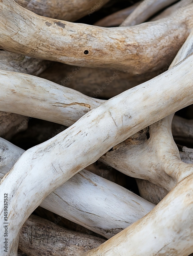 Poster close-up view of a pile of weathered, light-colored driftwood logs, showing intricate textures and n