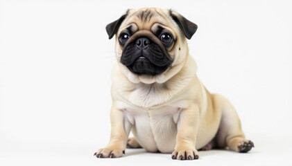 Obraz premium Adorable pug dog sitting, isolated on white background, studio shot, wrinkles, brown
