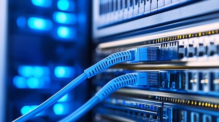 Close-up view of blue network cables plugged into a server rack, showcasing data center technology and connectivity. : Generative AI