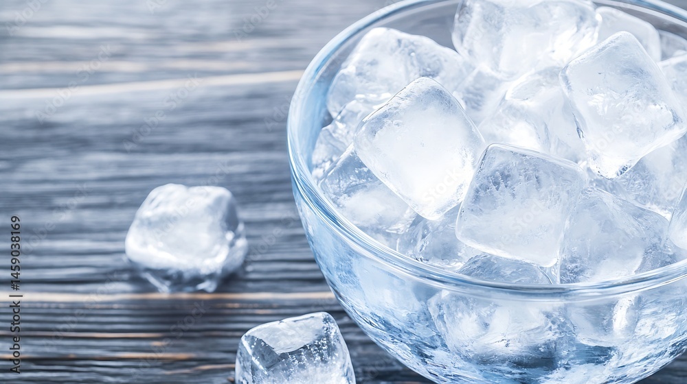 Leinwandbilder close-up view of several ice cubes in a glass bowl, resting on a rustic wooden surface. the ice is c