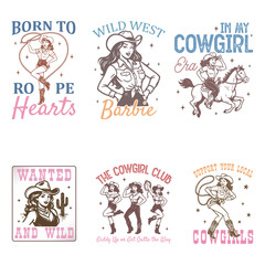 Fototapeta premium Vintage Western CowGirl set - Western Cowgirl Typography T-Shirt Vector, Vintage Western Cowgirl Design Sublimation, Vintage Western Pinup illustration 