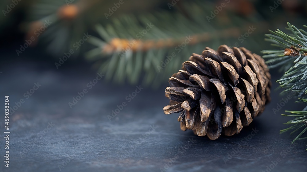 Poster close-up of a single pine cone resting on a dark gray surface, with blurred fir branches in the back