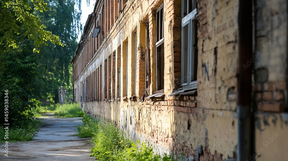 Poster Sunlit path beside a dilapidated brick building with many empty window frames, showing signs of age and decay, overgrown vegetation nearby. : Generative AI