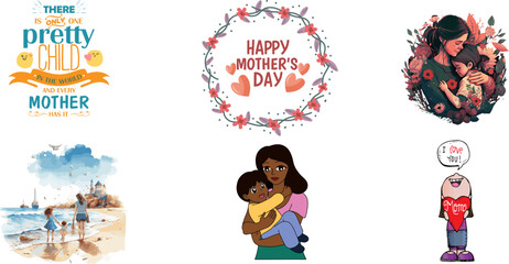 Mother's Day Editable Vector Art: Pretty Child, Happy Mother's Day, Family Love (EPS, SVG, AI, PNG)

