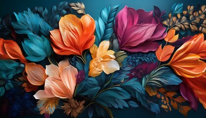 abstract floral wall art with vibrant colors and dark background