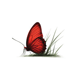 Elegant Scarlet Butterfly Illustration Resting On Green Grass Isolated On White Background