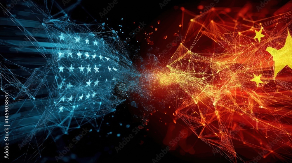 Poster Glowing Neural Networks of United States and China Flags Colliding in a Digital Representation of Tension and Competition Generative AI