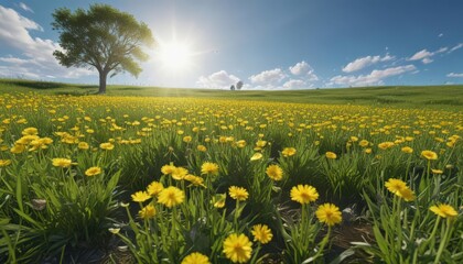 Fototapeta premium Sunny day, vibrant yellow dandelions in green field, clear blue sky, color, dandelions