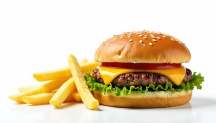 Burger with cheese and fries isolated on white background , high calorie, fries