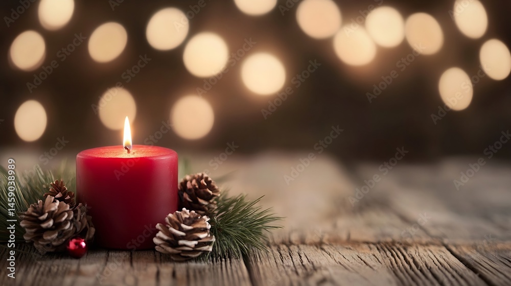 Poster a red candle burns brightly, its warm glow illuminating pine cones and evergreen branches arranged o